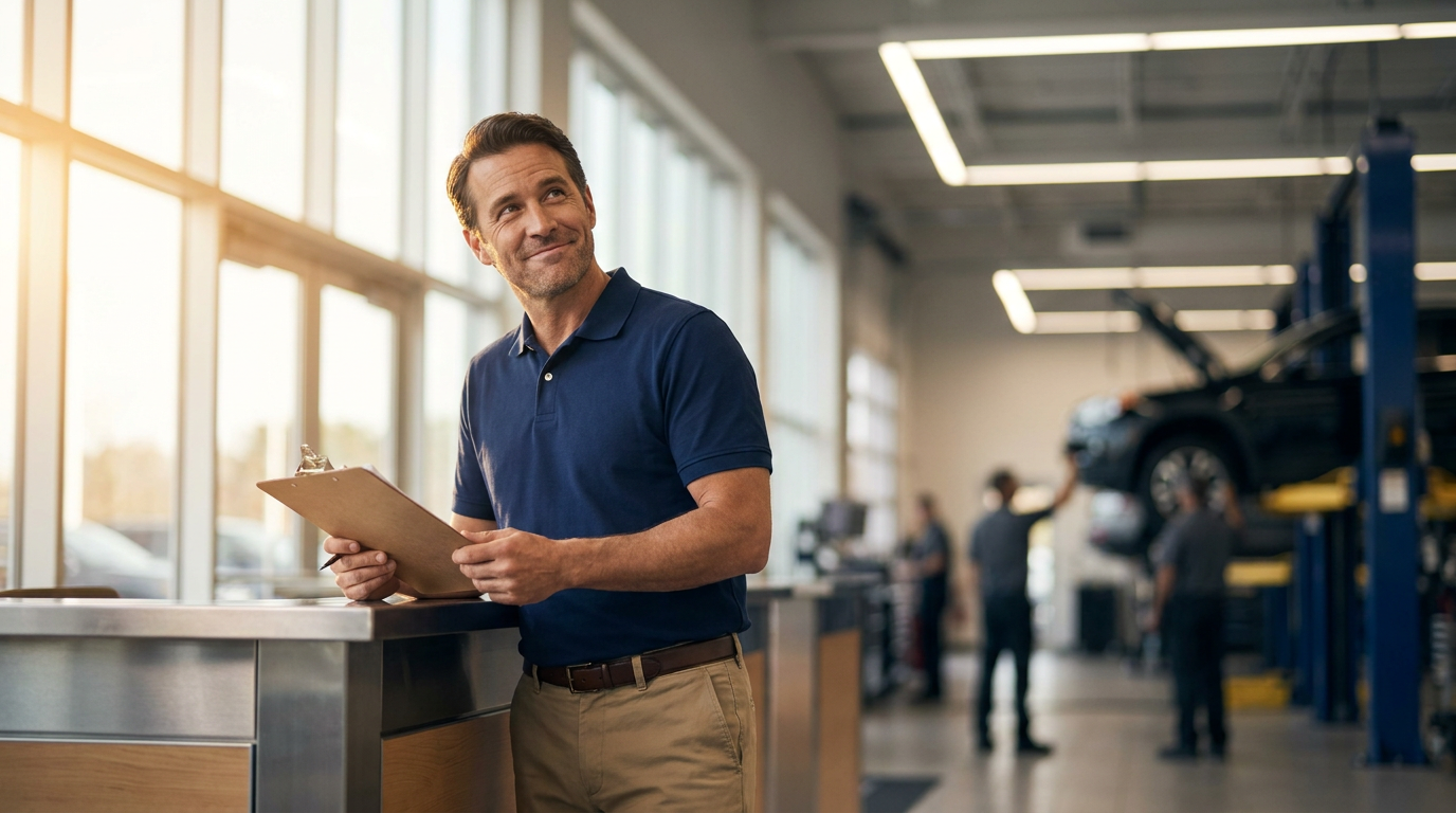 Service manager reviewing repair order at dealership service lane