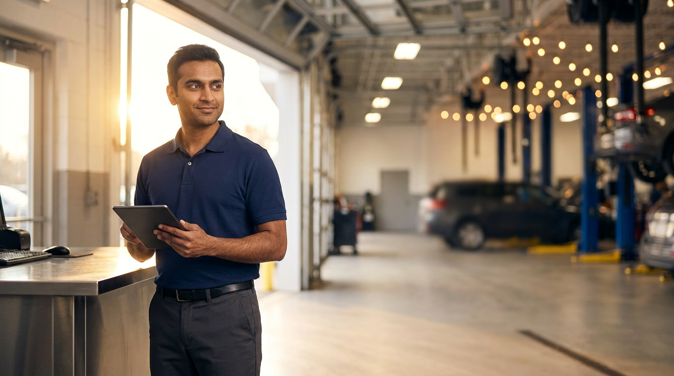 Service advisor with tablet at dealership service lane counter