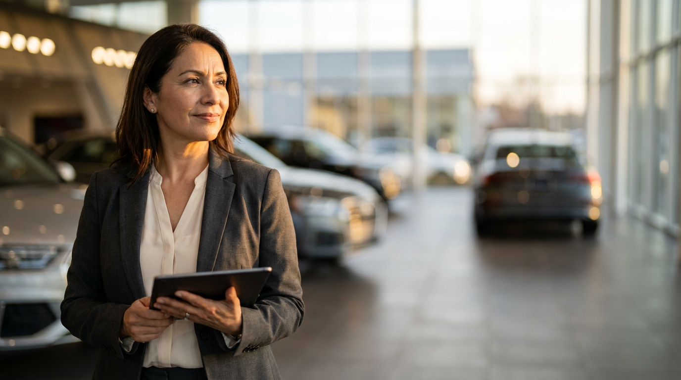 Latina dealership manager in showroom with vehicles softly blurred behind