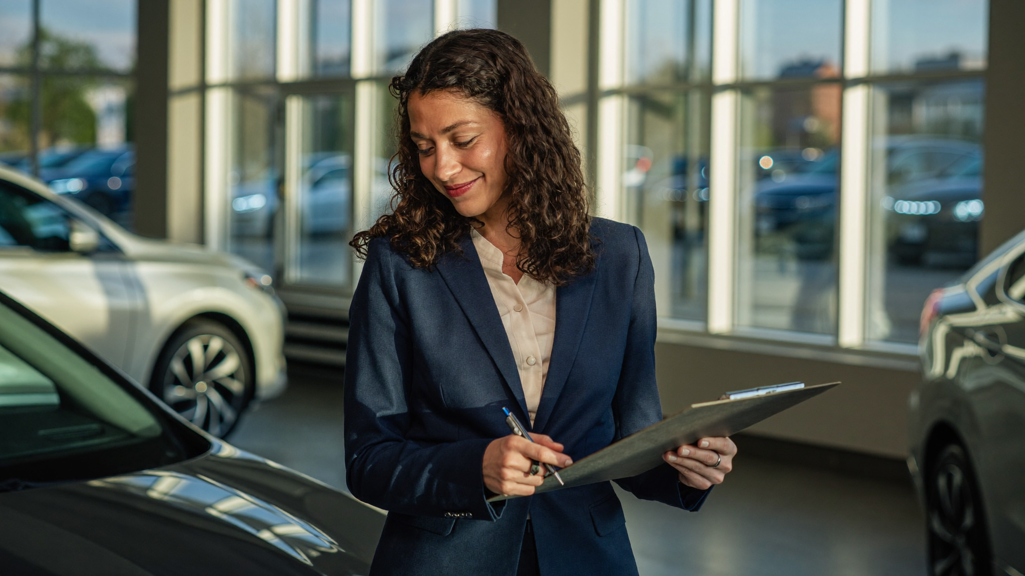 Latina dealership sales manager with clipboard on showroom floor
