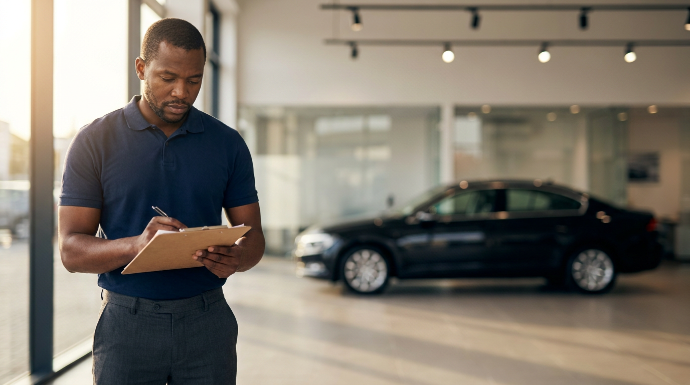 Dealership sales manager reviewing clipboard on showroom floor near sedan