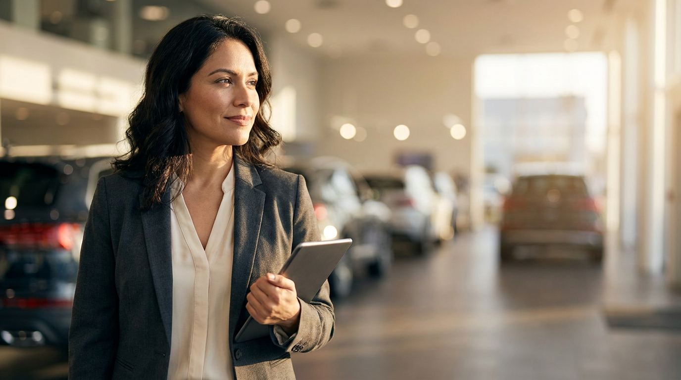 Latina dealership manager holding tablet in modern showroom
