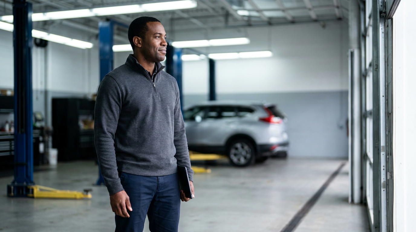 Service advisor with tablet in dealership service drive