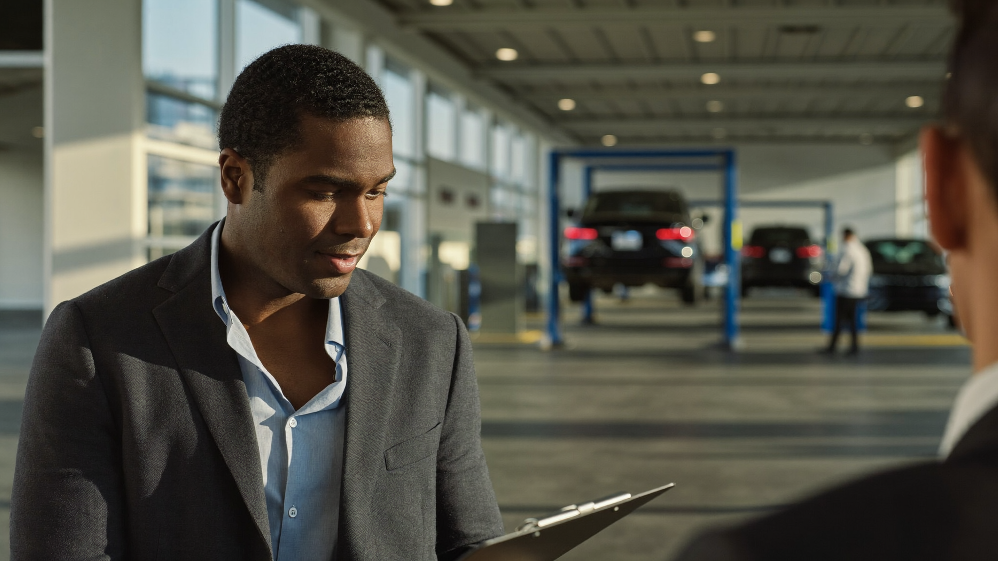 Service advisor with clipboard in modern dealership service lane