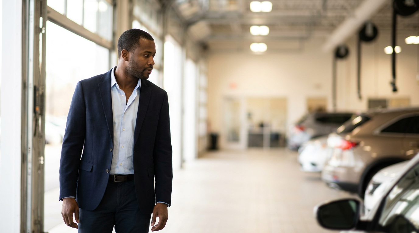 Dealership manager observing service drive customer vehicles thoughtfully