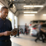Service advisor with tablet at dealership service drive