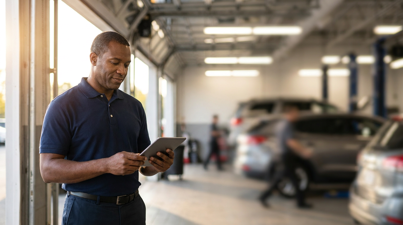 Service advisor with tablet at dealership service drive