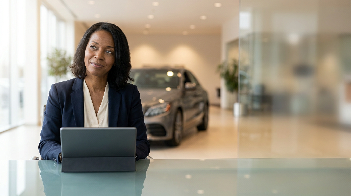 Dealership manager reviewing tablet data in modern showroom