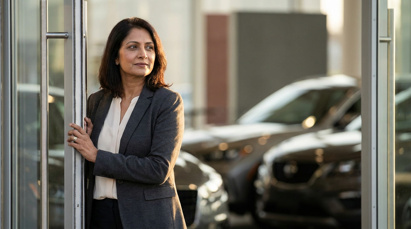 Woman entering modern car dealership showroom, thoughtful smile