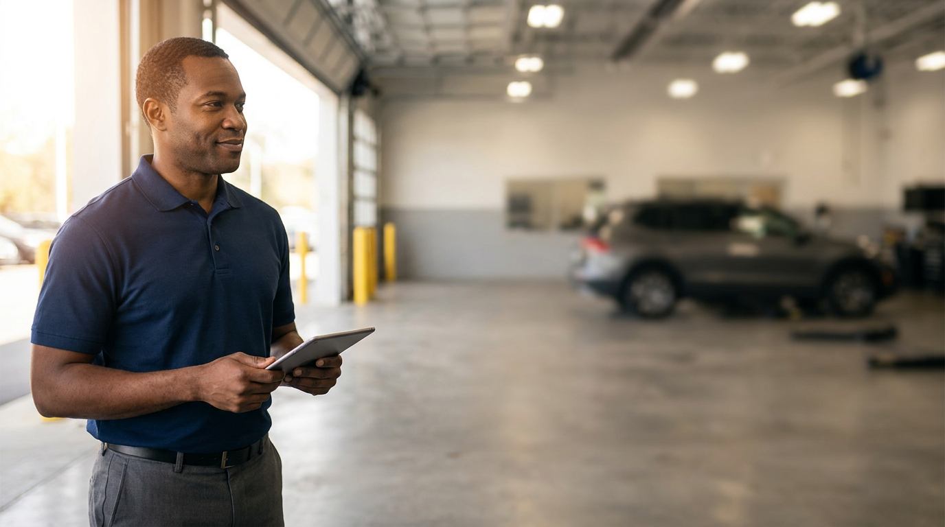 Service advisor with tablet greets customer at dealership
