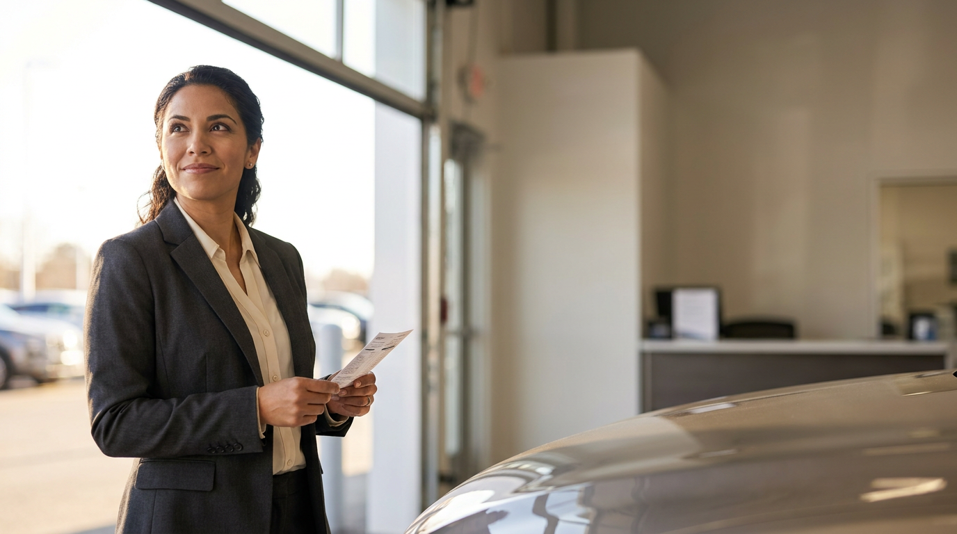 Latina dealership operations manager reviewing service ticket in modern auto service lane