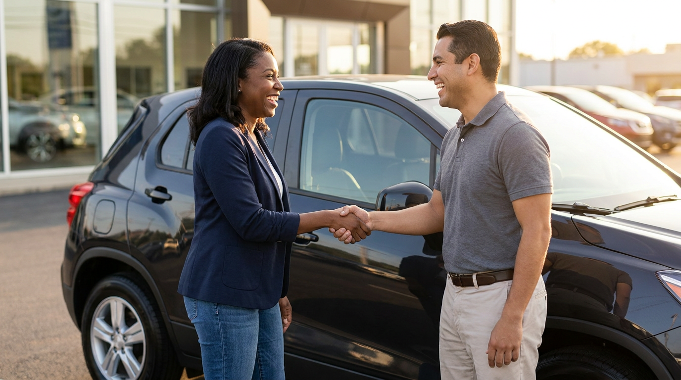 Happy customer shaking hands with dealership salesperson beside SUV