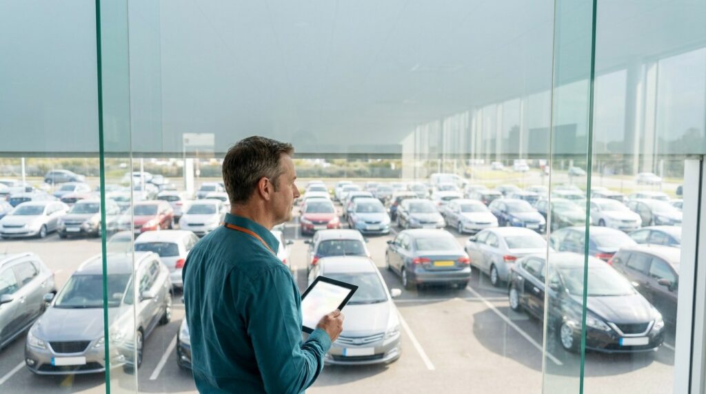 Used car manager with a tablet overlooking the dealership lot from a glass office