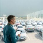 Used car manager with a tablet overlooking the dealership lot from a glass office
