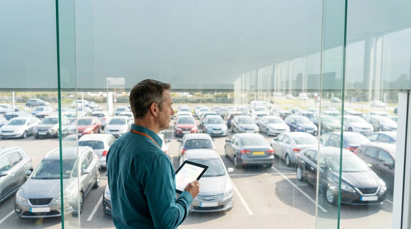 Used car manager with a tablet overlooking the dealership lot from a glass office