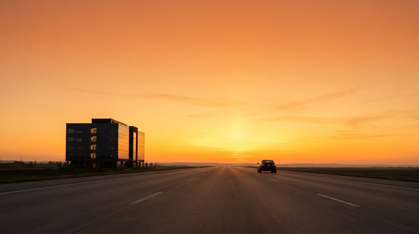 Car driving toward a bright sunrise horizon on an open highway