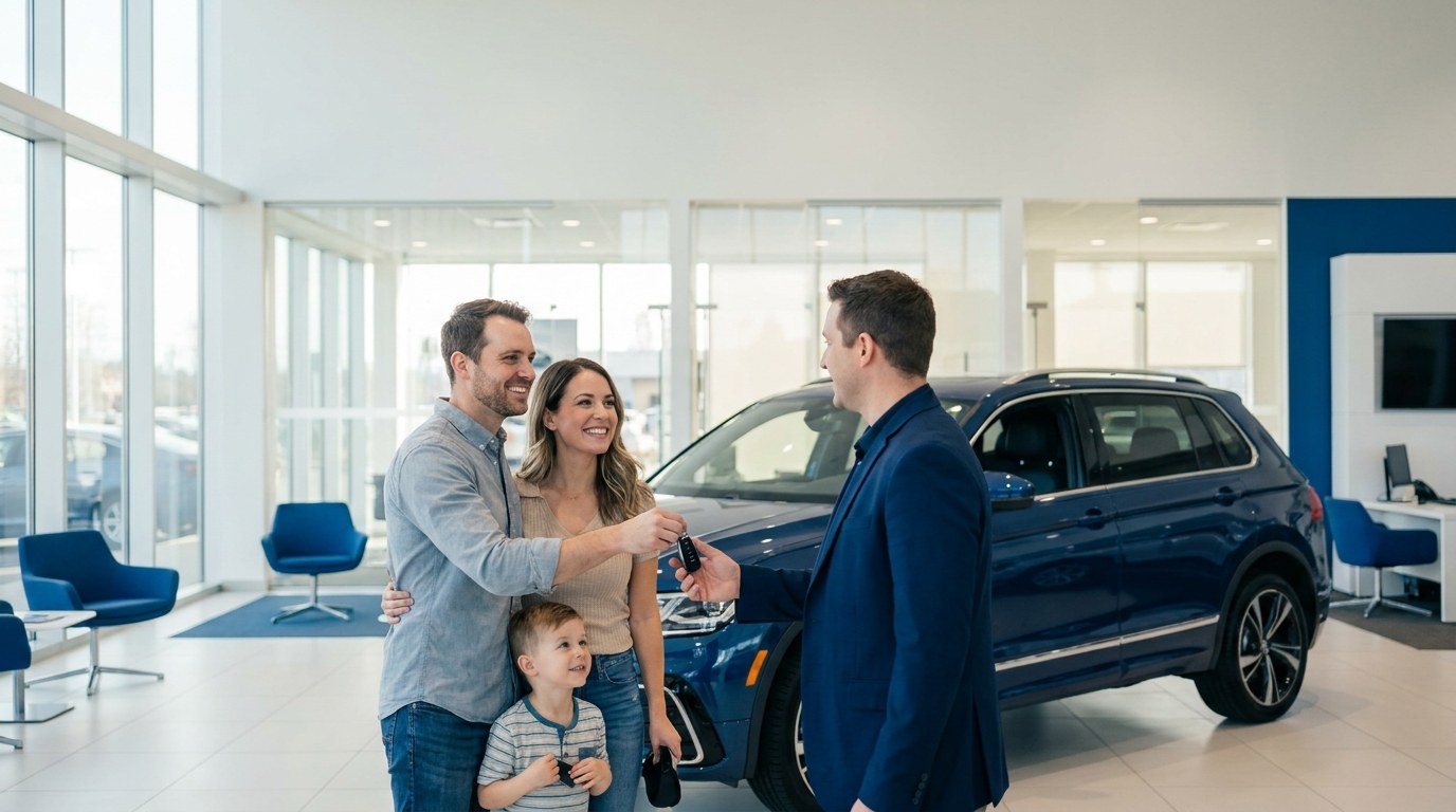 Family handing a key fob to a salesperson in a bright dealership showroom