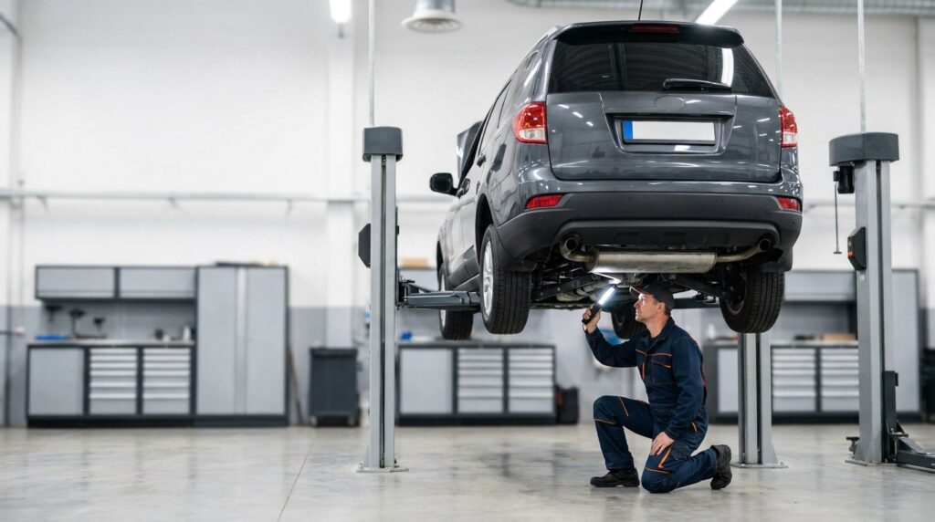 Technician inspecting the underbody of an SUV on a lift in a dealership workshop