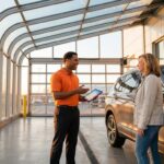 Service advisor greeting a customer beside her SUV in a dealership service drive at sunrise