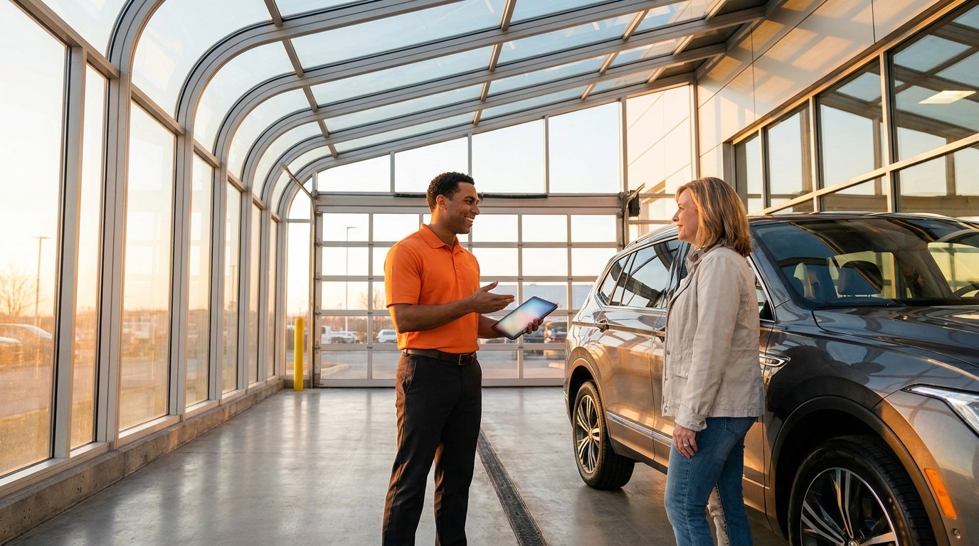 Service advisor greeting a customer beside her SUV in a dealership service drive at sunrise