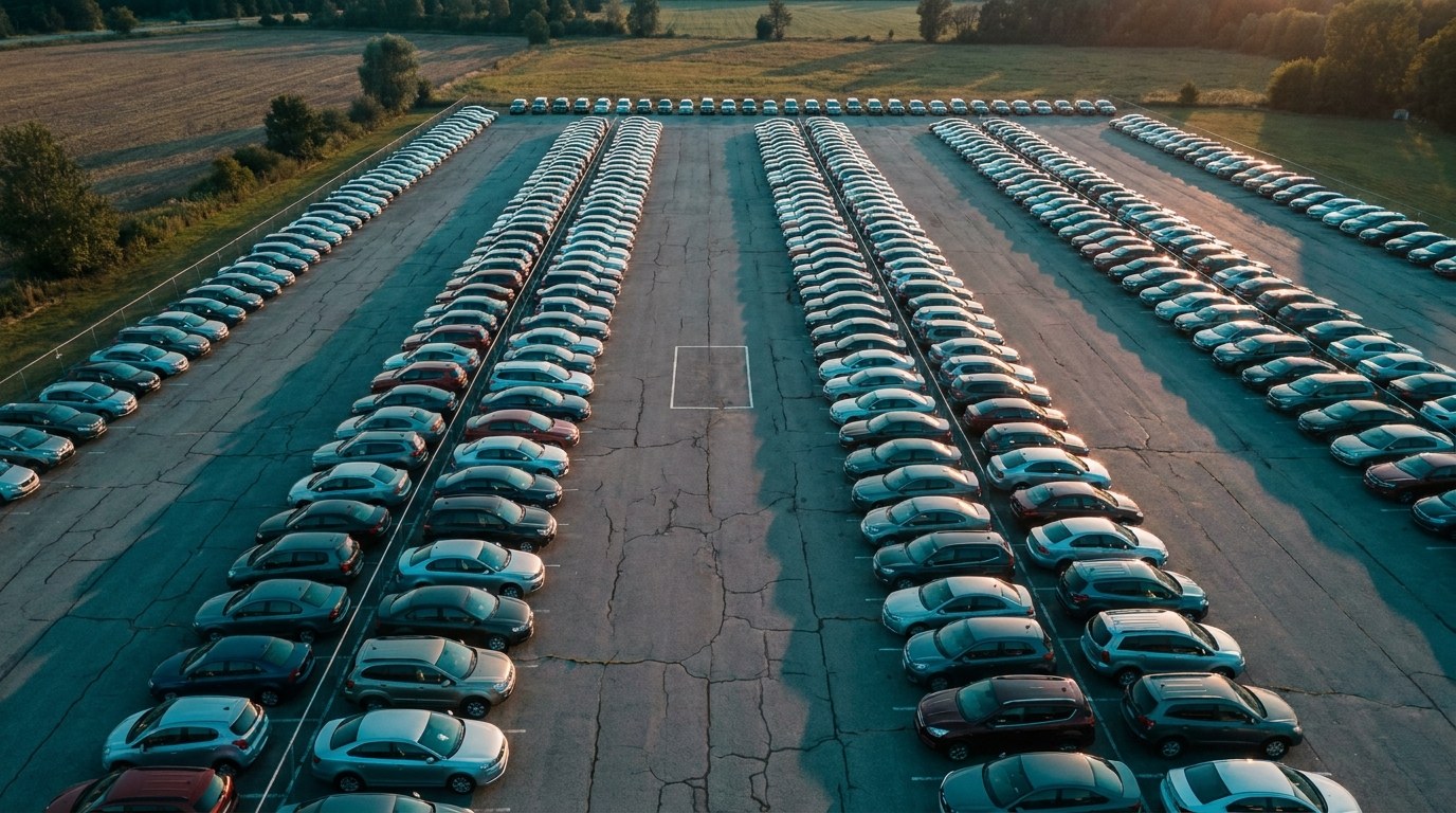 Aerial view of a dealership lot with rows of cars casting long shadows and one empty parking space