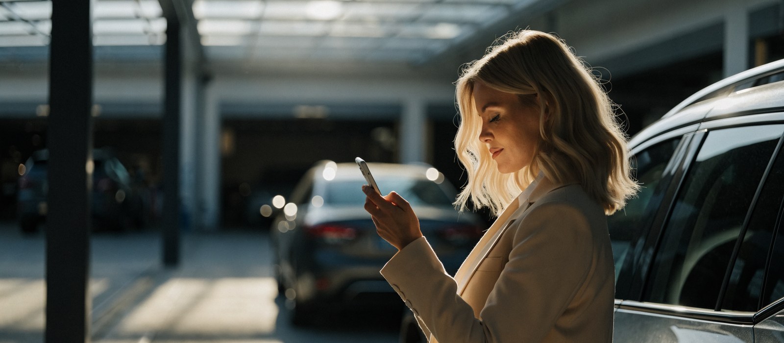 A customer on her phone in a dealership service lane