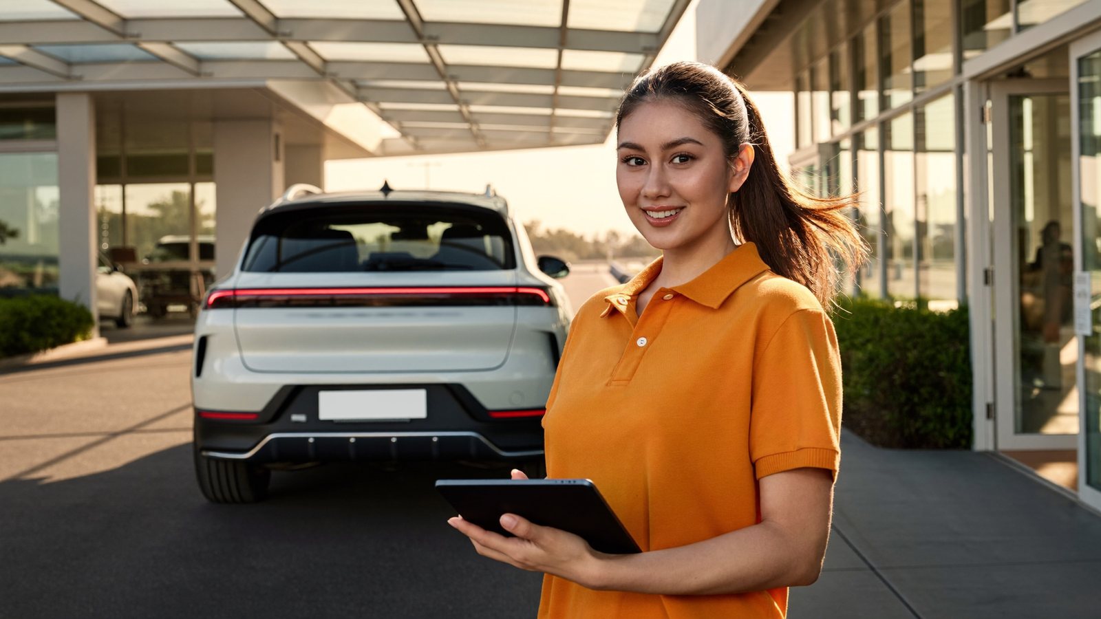 A service advisor in an orange polo stands in a dealership service drive as a customer's crossover pulls away down the lane