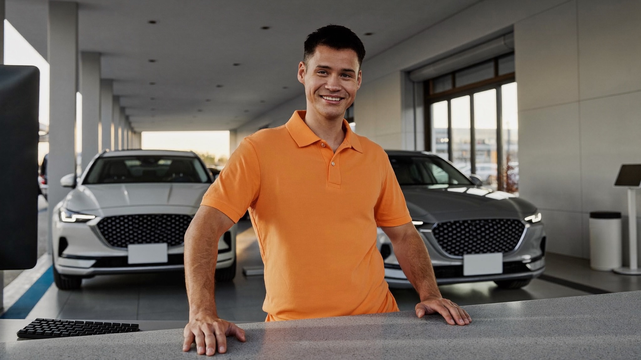 A smiling service advisor in an orange polo stands behind the write-up counter in a dealership service drive, with customer vehicles waiting in the lane behind him