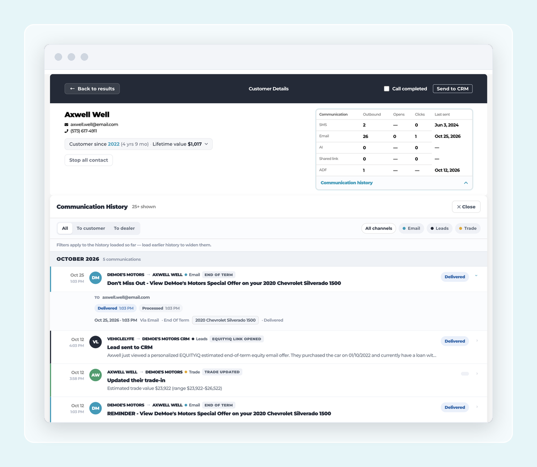 Communication History on the customer page