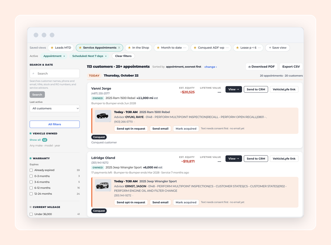 Service appointments and open repair orders on the Customer List